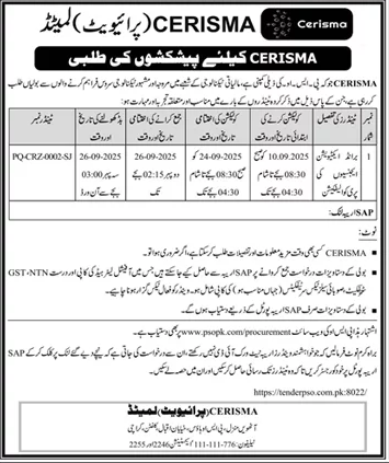 CERISMA Private Limited Karachi Tender Notice